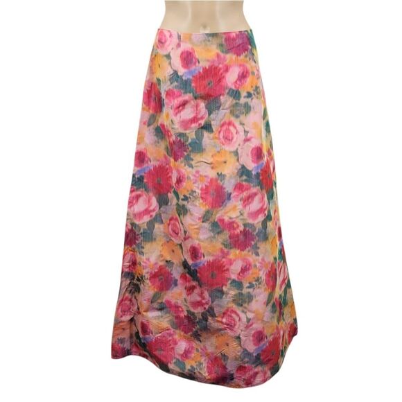 Cache Vintage Satin Taffeta Floral Pink and Orange Women's Maxi Skirt - Picture 1 of 12